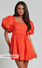 Tamara Mini Dress - Short Puff Sleeve Ruched Dress in Orange