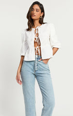 Tara Top - Tie Front Detail Puff Sleeve Top in White