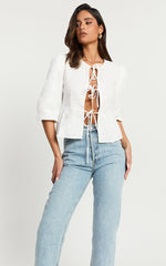 Tara Top - Tie Front Detail Puff Sleeve Top in White