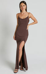 Tasteful Maxi Dress - Cowl Neck Bodycon Thigh Split Dress in Dark Chocolate