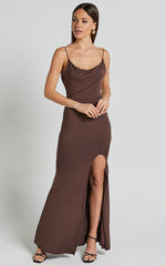 Tasteful Maxi Dress - Cowl Neck Bodycon Thigh Split Dress in Dark Chocolate
