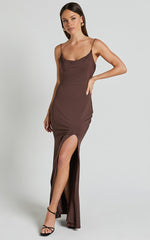 Tasteful Maxi Dress - Cowl Neck Bodycon Thigh Split Dress in Dark Chocolate