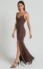 Tasteful Maxi Dress - Cowl Neck Bodycon Thigh Split Dress in Dark Chocolate