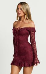 Theresa Mini Dress - Off Shoulder Tie Front Dress in Wine