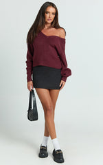 Tiana Sweater - V Neck Long Sleeve Knit Sweater in Burgundy
