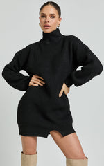 Tianna Mini Dress - Knitted Side Split Jumper Dress in Black