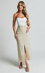 Vanna Midi Skirt - High Waisted Front Slit Skirt in Stone