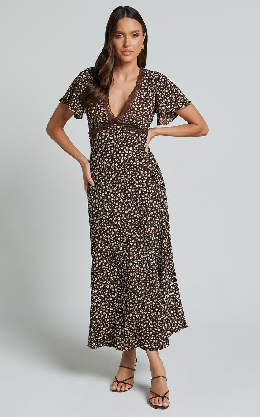 Vanya Midi Dress - V Neck Short Sleeve Lace Trim Tie Back Slip Dress in Chocolate Floral