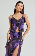 Velma Top - Recycled Ruffle Detail Blur Print Cami Top in Violet Night Print