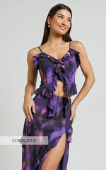 Velma Top - Recycled Ruffle Detail Blur Print Cami Top in Violet Night Print