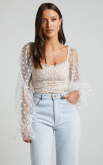 Venetia Bodysuit - Long Sleeve Spot Mesh Bodysuit in White Spot