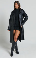 Vicki Trench Coat - Faux Leather Washed Trench Coat in Black