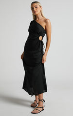 Victoria Midi Dress - Linen One Shoulder Puff Sleeve Cut Out Dress in Black