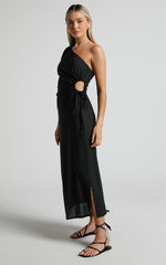 Victoria Midi Dress - Linen One Shoulder Puff Sleeve Cut Out Dress in Black
