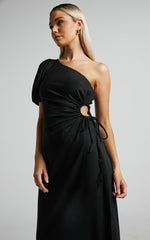 Victoria Midi Dress - Linen One Shoulder Puff Sleeve Cut Out Dress in Black