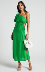Victoria Midi Dress - Linen One Shoulder Puff Sleeve Cut Out Dress in Green
