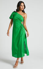 Victoria Midi Dress - Linen One Shoulder Puff Sleeve Cut Out Dress in Green