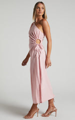 Victoria Midi Dress - Linen One Shoulder Puff Sleeve Cut Out Dress in Pale Pink