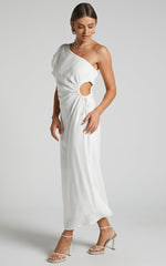 Victoria Midi Dress - Linen One Shoulder Puff Sleeve Cut Out Dress in White