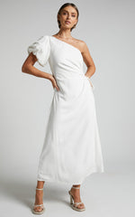 Victoria Midi Dress - Linen One Shoulder Puff Sleeve Cut Out Dress in White