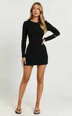 Victoria Mini Dress - Long Sleeve Ribbed Jersey Dress in Black