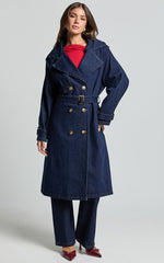 Vinnie Trench Coat - Denim Washed Trench Coat in Dark Blue Wash