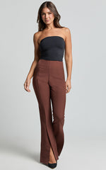 Volta Pants - Front High Waisted Split Boot Leg Kick Out Pants in Chocolate