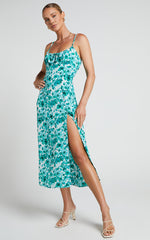 Willa Midi Dress - Ruched Bust Thigh Split Dress in Blurred Turquoise Floral