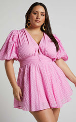 Xandy Mini Dress - Textured Puff Sleeve Plunge Dress in Pink