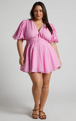 Xandy Mini Dress - Textured Puff Sleeve Plunge Dress in Pink