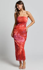 Yazmin Midi Dress - Strapless Ruched Mesh Slip Dress in Pink Blur Print