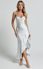 Ylona Midi Dress - Asymmetric Draped Bias Cut Satin Slip Dress in Oyster