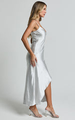 Ylona Midi Dress - Asymmetric Draped Bias Cut Satin Slip Dress in Oyster