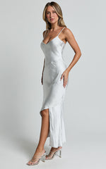 Ylona Midi Dress - Asymmetric Draped Bias Cut Satin Slip Dress in Oyster