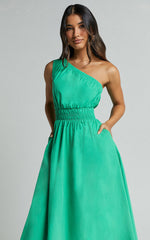 Yulia Midi Dress - One Shoulder Shirred Waist Dress in Green