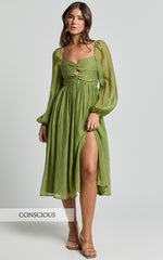 Zahara Midi Dress - Blouson Sleeve Cut Out Dress in Green