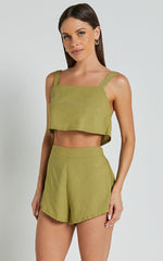 Zanrie Two Piece Set - Linen Square Neck Crop Top and High Waist Mini Flare Shorts Set in Celery