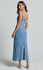 Zenith Midi Dress - Wide Strap Panel Detail Recycled Denim Dress in Mid Blue Wash