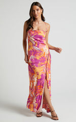 Zydelle Midi Dress - Cowl Neck Thigh Split Dress in Purple Floral