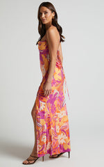 Zydelle Midi Dress - Cowl Neck Thigh Split Dress in Purple Floral