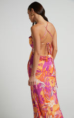 Zydelle Midi Dress - Cowl Neck Thigh Split Dress in Purple Floral