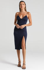 Big Ideas Midi Dress - V Neck Thigh Split Dress in Navy