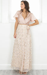 Break A Leg Wrap Thigh Split Maxi Skirt in Gold Sequin