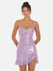 Sequin Ruffled Slit Dress In Lavender