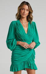 Can I Be Your Honey Plunge Balloon Sleeve Mini Dress in Jade