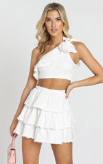 Rooftop SpritzTwo Piece Set - One Shoulder Ruffle Top and Mini Skirt Set in White