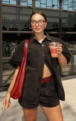 Rhianna Top - Oversized Recycled Denim Short Sleeve Shirt in Washed Black