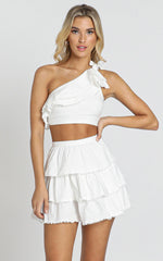 Rooftop SpritzTwo Piece Set - One Shoulder Ruffle Top and Mini Skirt Set in White